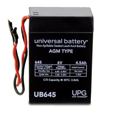 Upg Sealed Lead Acid Battery, 6 V, 4.5Ah, UB645WL, Wire Lead Terminal, AGM Type 40565